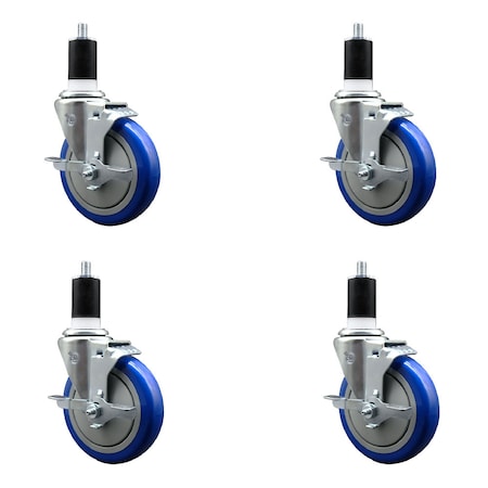 Service Caster 5'' Blue Poly Swivel 1-1/2'' Expanding Stem Caster Set with Brake, 4PK SCC-EX20S514-PPUB-BLUE-TLB-112-4